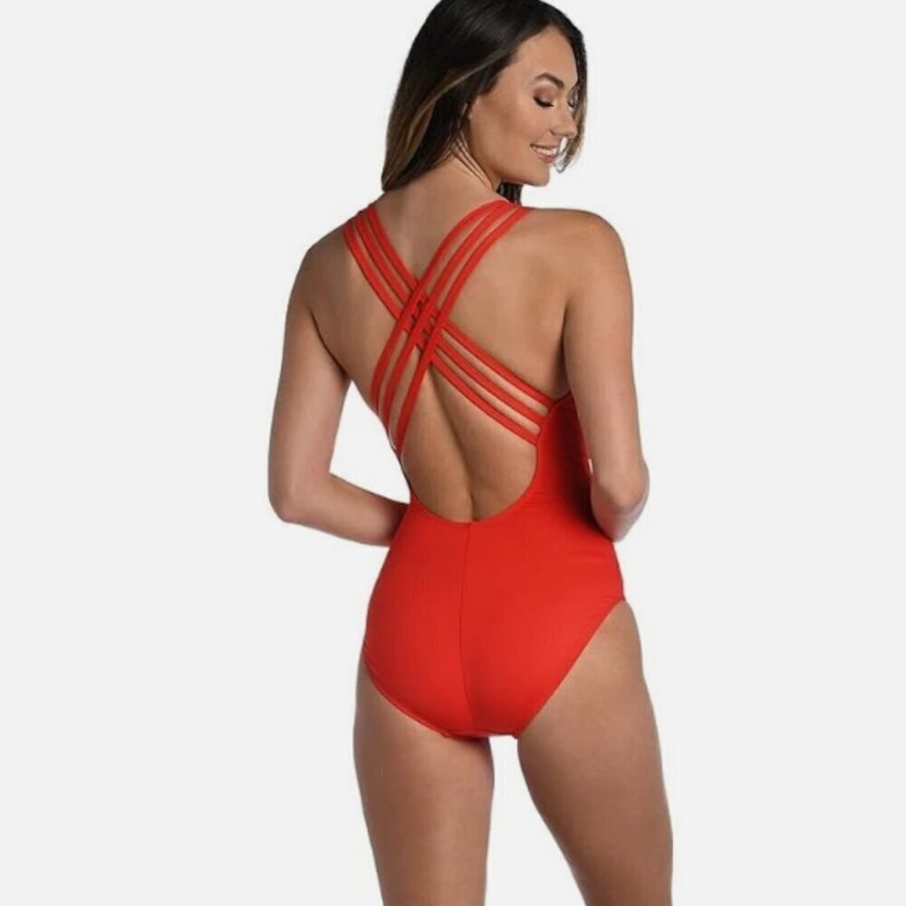 La Blanca Island Goddess Multi Strap Cross-Back Mio in Cherry Red Size 12 - Picture 2 of 14